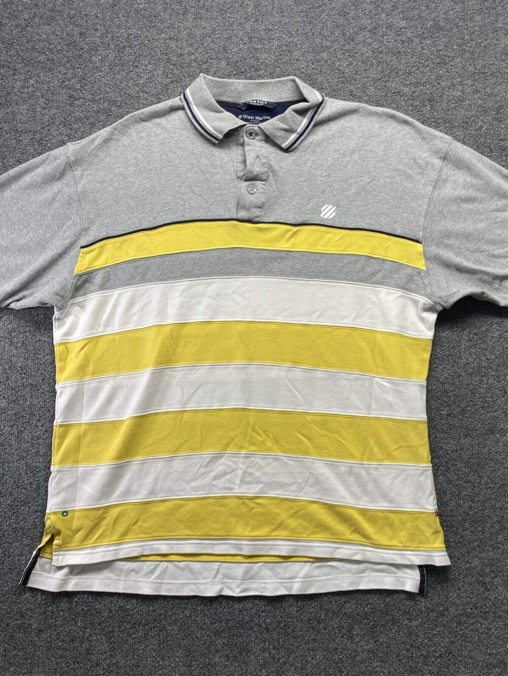 West Marine Crew Polo Men’s XL Gray Yellow Striped 100% Cotton Nautical Vintage